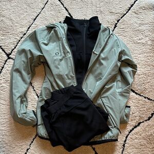 3 piece set: black joggers, black zip up, all weather sage jacket